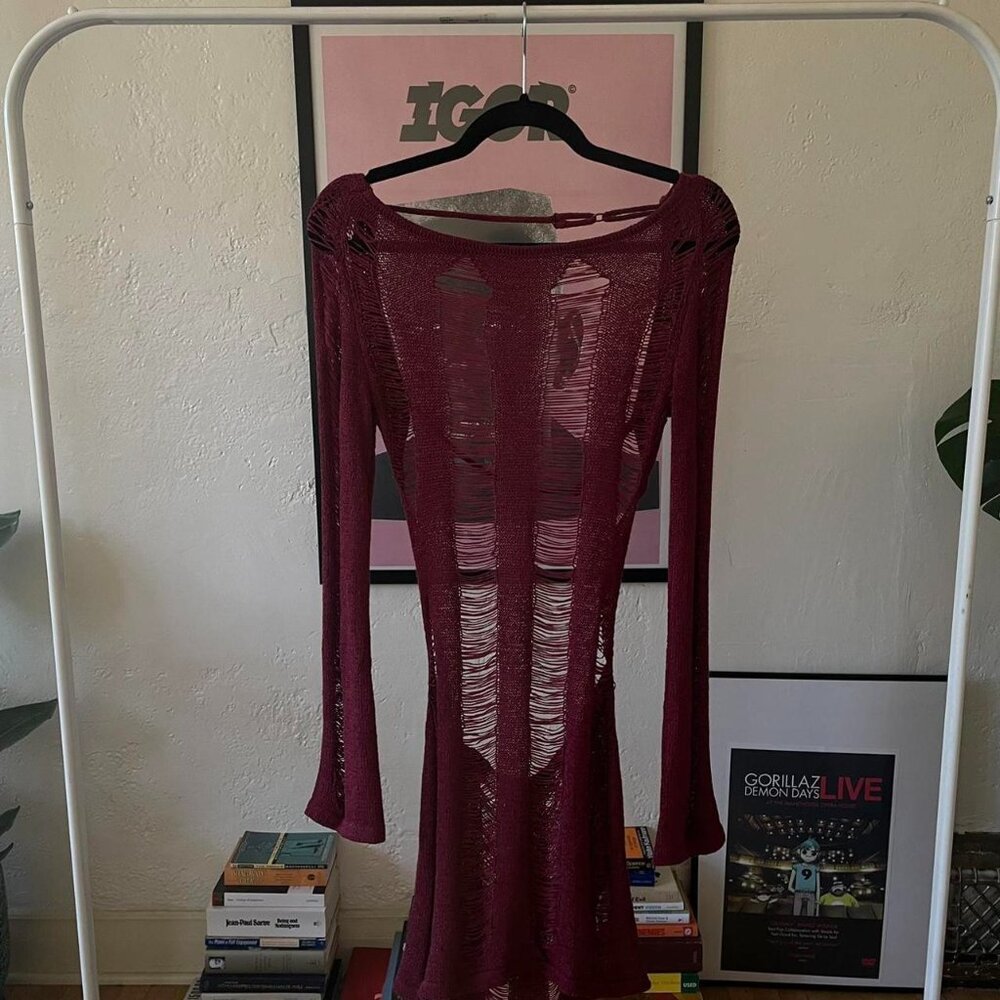 Jaded London Burgundy Umbra Shredded Mini Dress